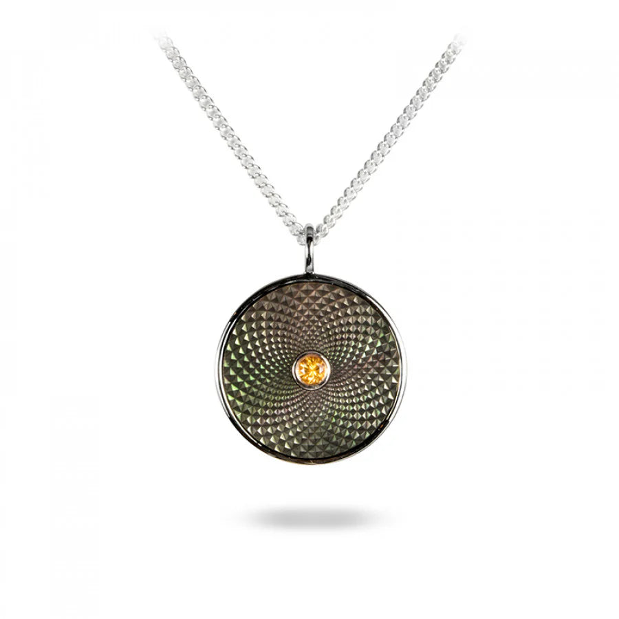 Sterling silver small pendant with grey mother-of-pearl and yellow sapphire gemstone from Dreamcatcher Collection by Deakin & Francis at EB London