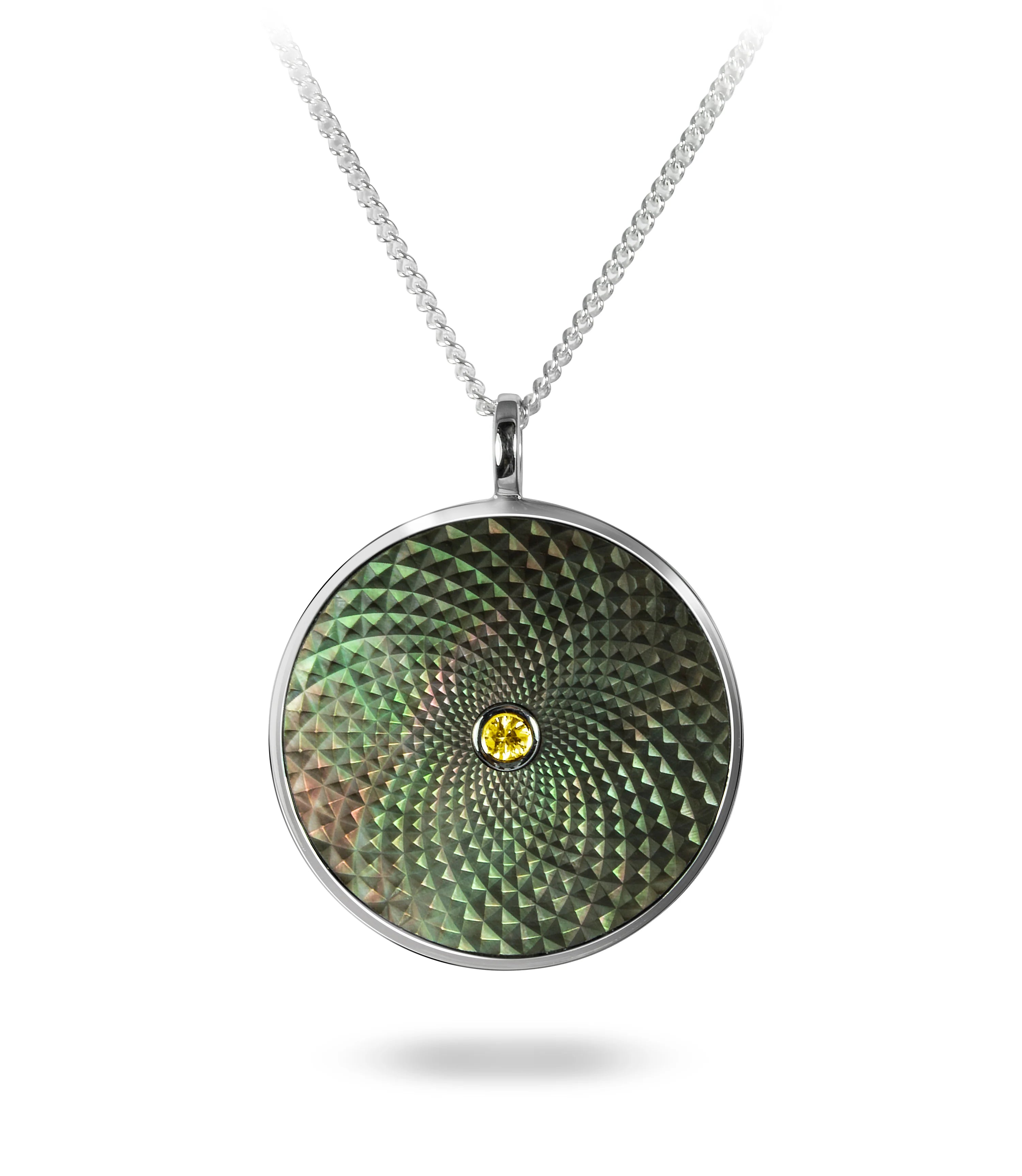 Sterling silver large pendant with grey mother-of-pearl and yellow sapphire gemstone from Dreamcatcher Collection by Deakin & Francis at EB London