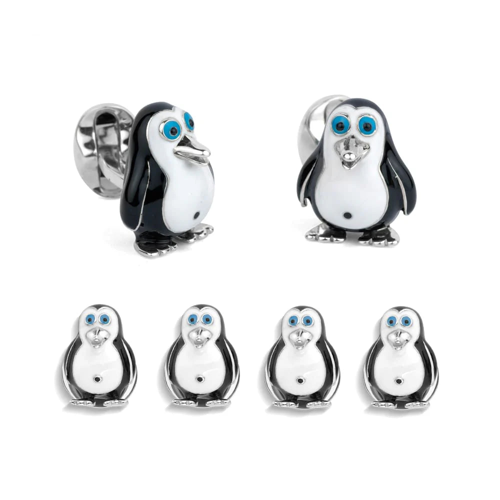 Sterling silver penguin dress set with brown enamel and sapphire eyes by Deakin & Francis at EB London