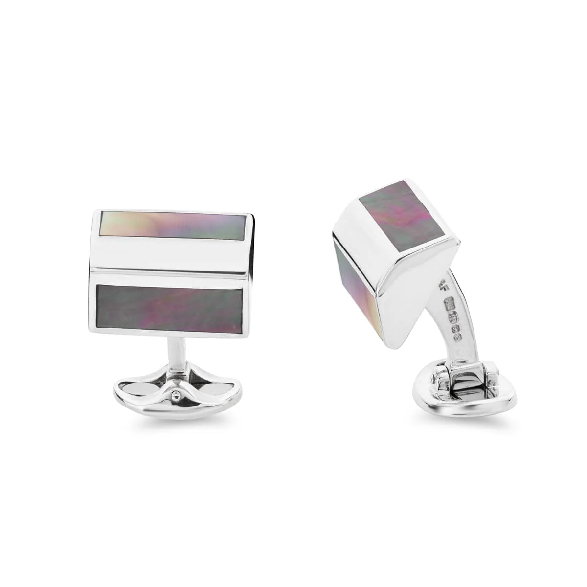 Sterling silver pyramid shape cufflinks with grey mother-of-pearl inlay by Deakin & Francis at EB London