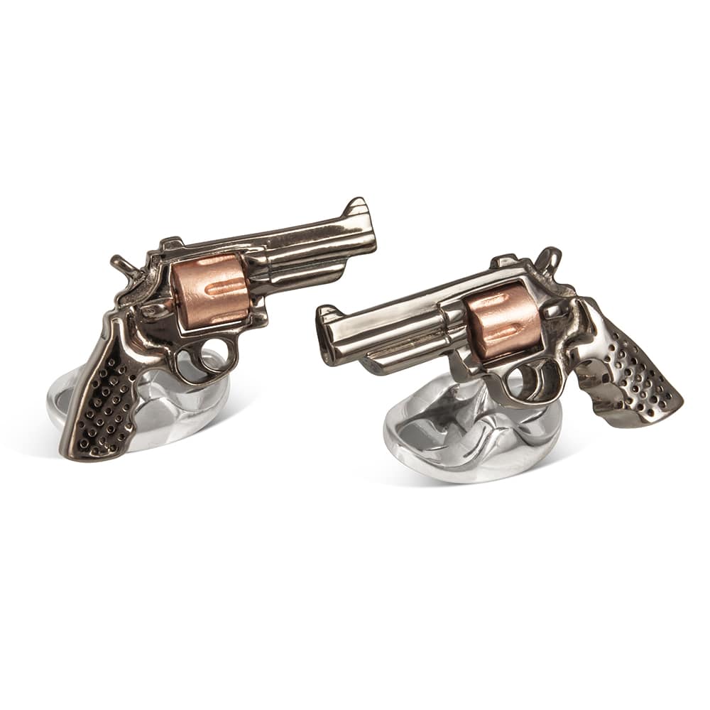 Silver Revolver Gun Cufflinks with Rose Gold Spinning Cylinder - Deakin & Francis | EB London