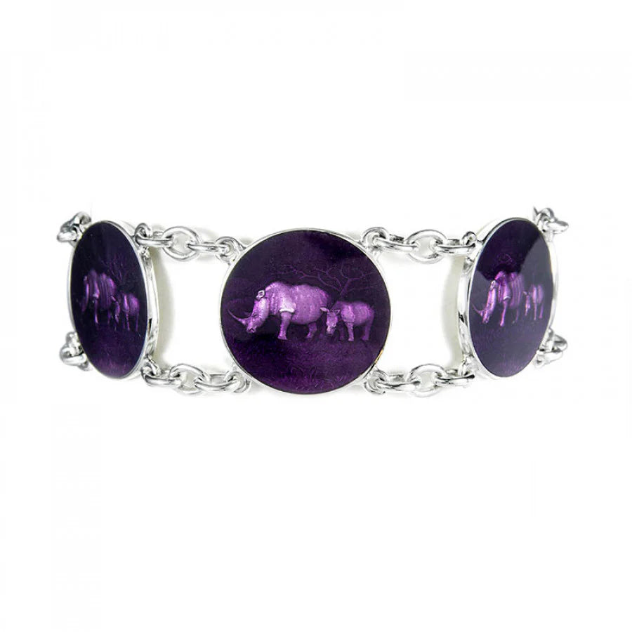 Sterling silver bracelet with 6 purple enamel discs featuring rhino imagery from Ithuba Collection by Deakin & Francis at EB London