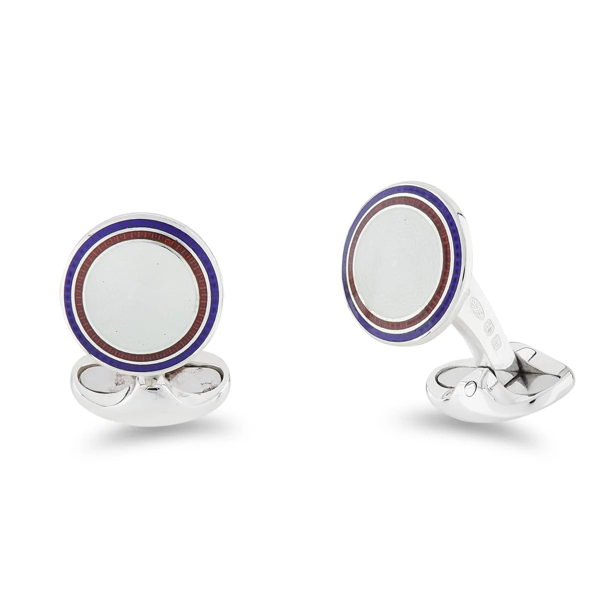 Luxury Sterling Silver Round Clear Enamel Cufflinks With Navy Blue And Red Border - Deakin & Francis | EB London