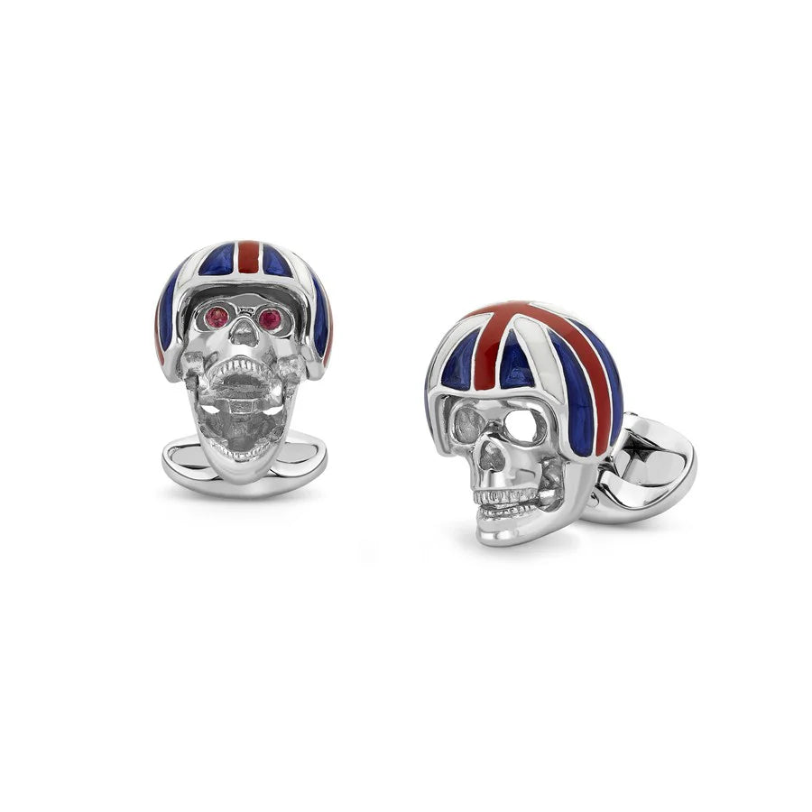 Sterling Silver Skull Cufflinks with Union Jack Helmet & Ruby Eyes – Deakin & Francis - EB London