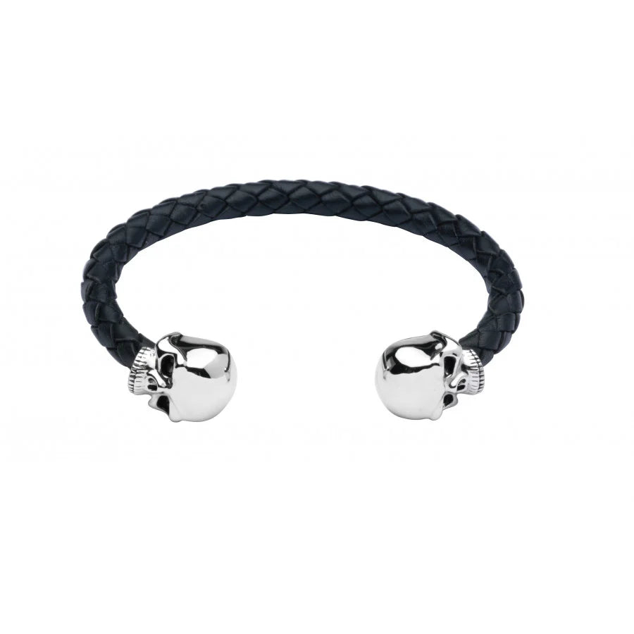 Leather bangle with sterling silver skull head ends by Deakin & Francis at EB London