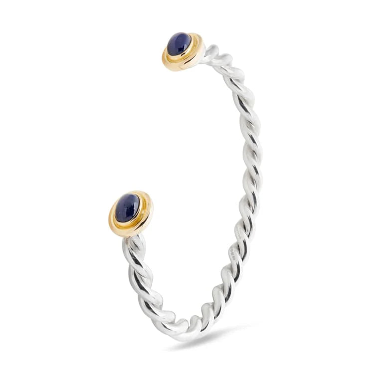 Sterling silver twist bangle with 18ct yellow gold and sapphire ends by Deakin & Francis at EB London