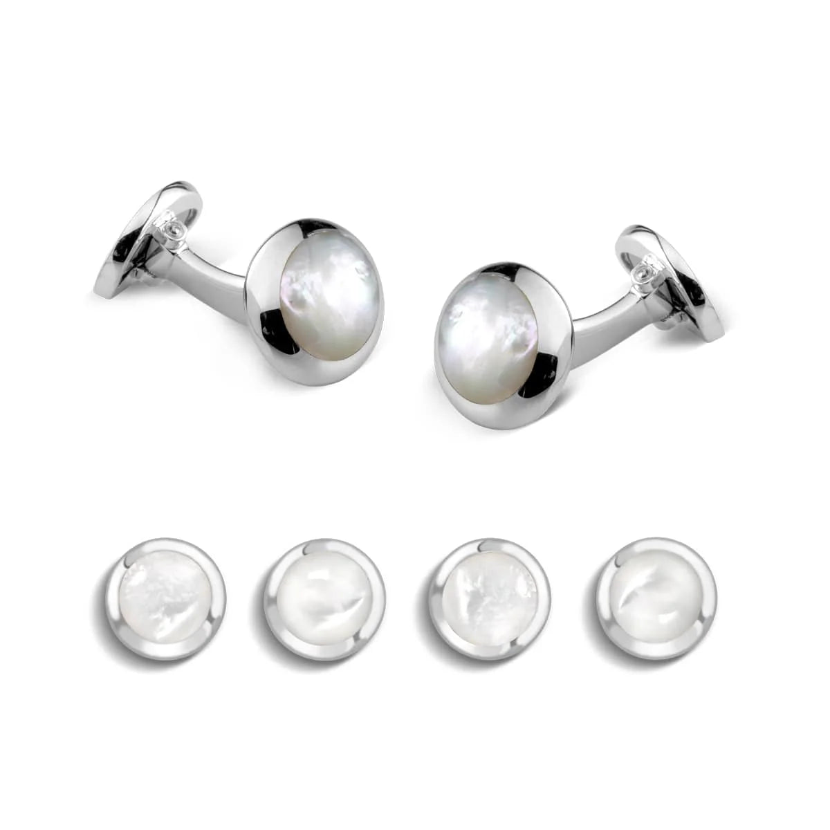 Sterling silver oval white mother-of-pearl dress set by Deakin & Francis at EB London