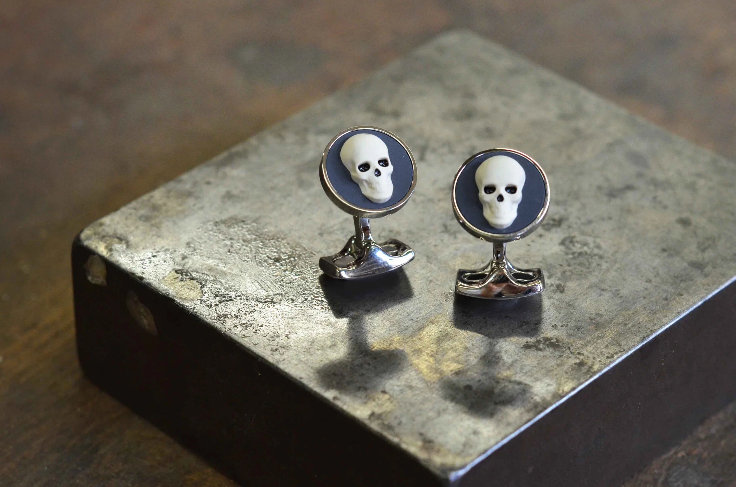 Skull cameo cufflinks white 3D skull on steel blue enamel by Deakin & Francis at EB London