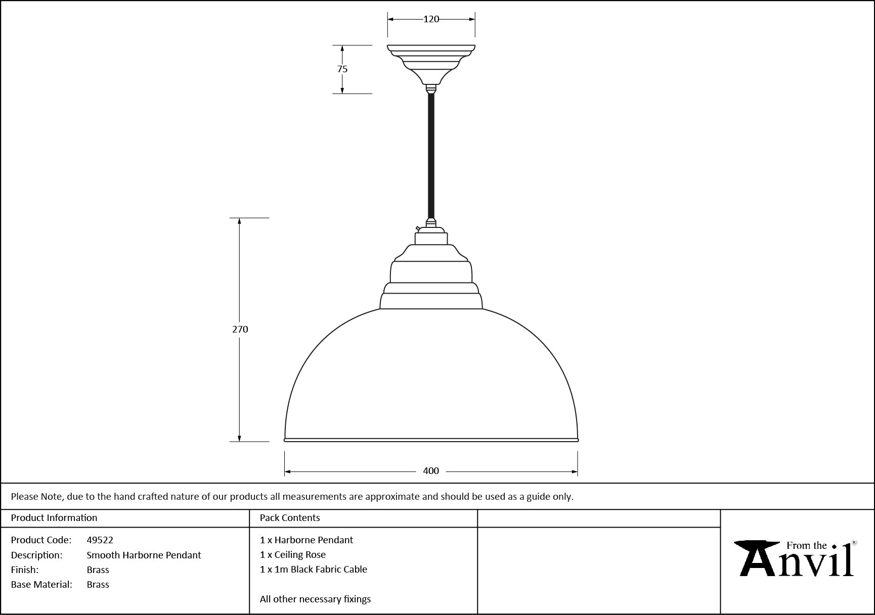 Smooth Brass Harborne Pendant | Bare - From The Anvil - EB London