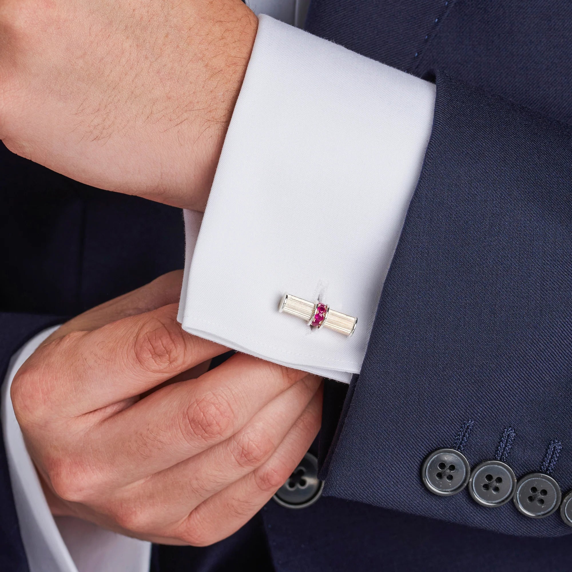 Sterling Silver Bar Cufflinks with Ruby Centre - Deakin & Francis - EB London