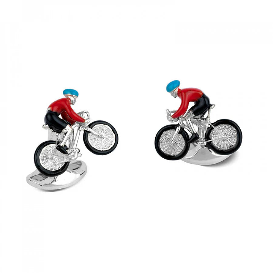 Silver Racing Cyclist Cufflinks with Red and Blue Detail - Deakin & Francis | EB London