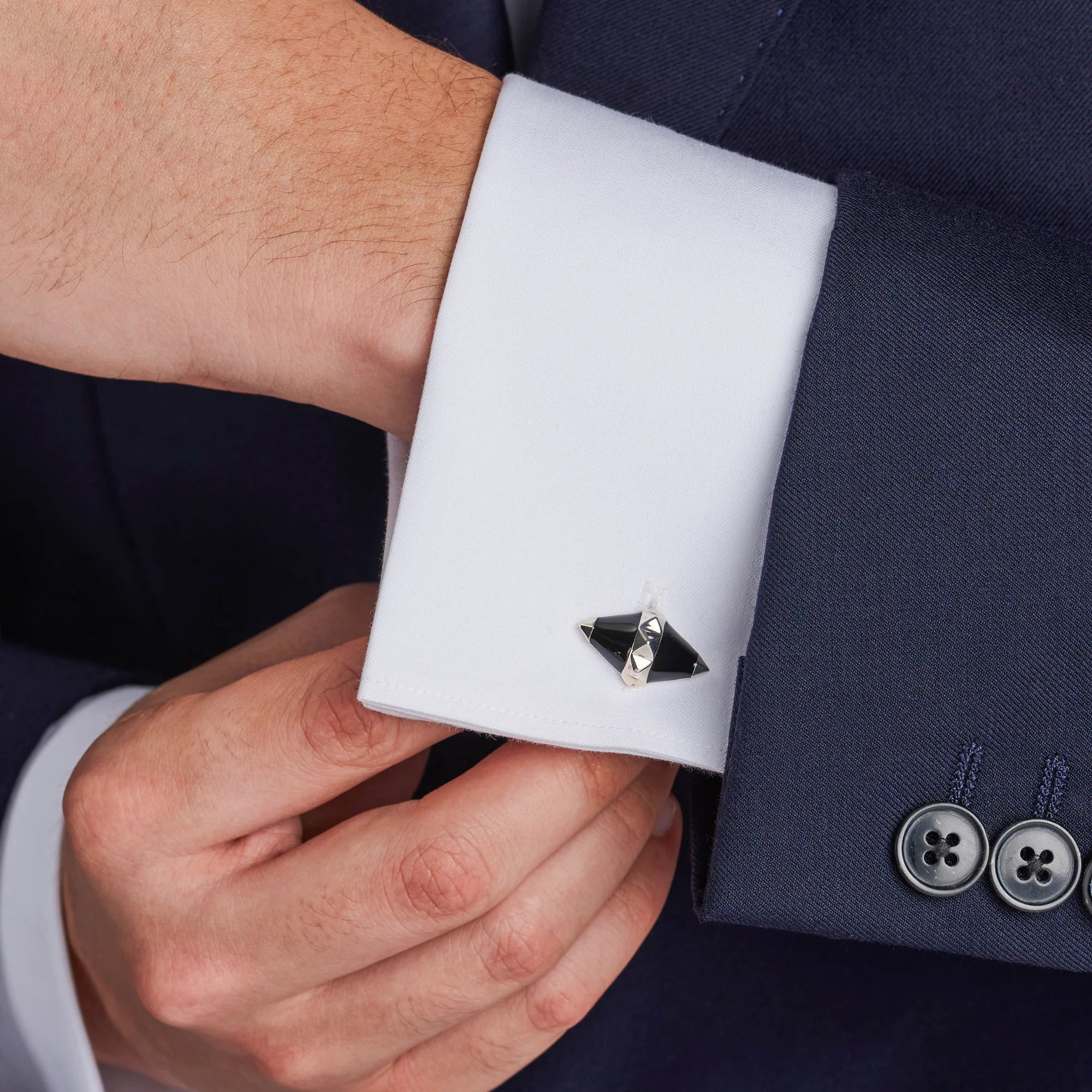 Silver Black Enamel Pyramid Detail Cufflinks - Deakin & Francis | EB London