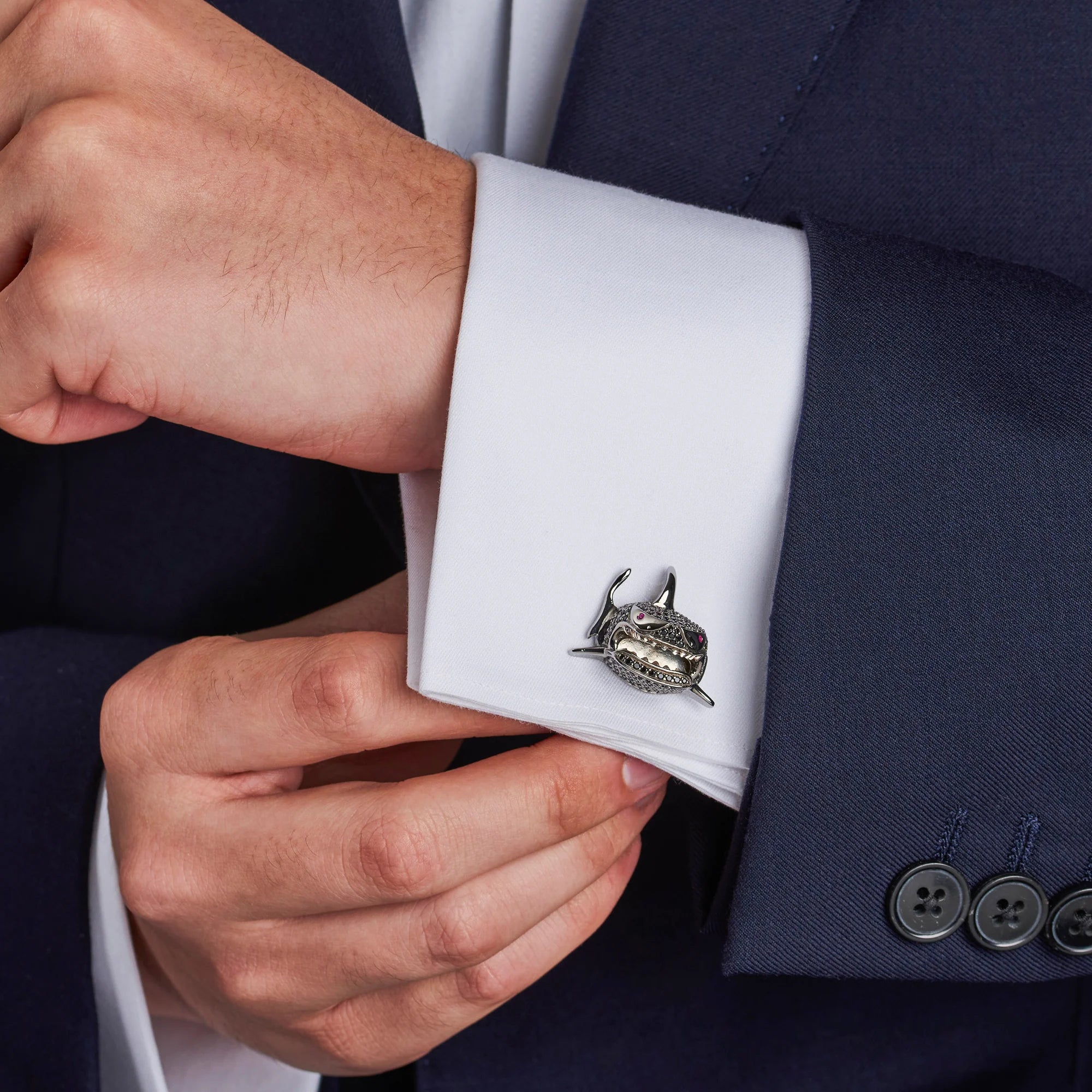 Silver Black Spinel Shark Cufflinks with Ruby Eyes - Deakin & Francis - EB London
