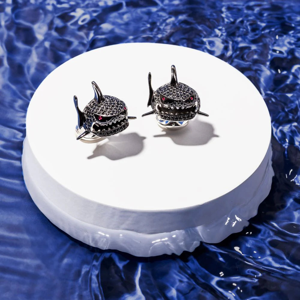 Black Spinel Shark Cufflinks with Ruby Eyes - Deakin & Francis - EB London