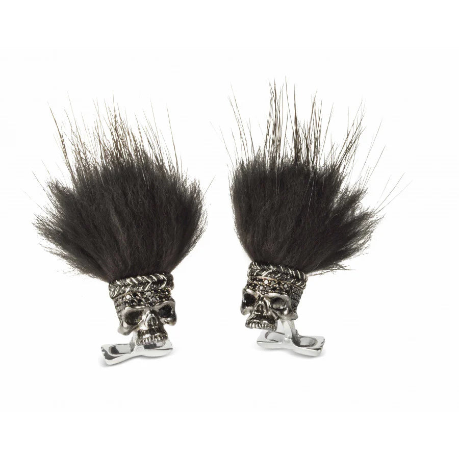Sterling Silver Black Spinel Skull Cufflinks with Black Hair - Deakin & Francis - EB London