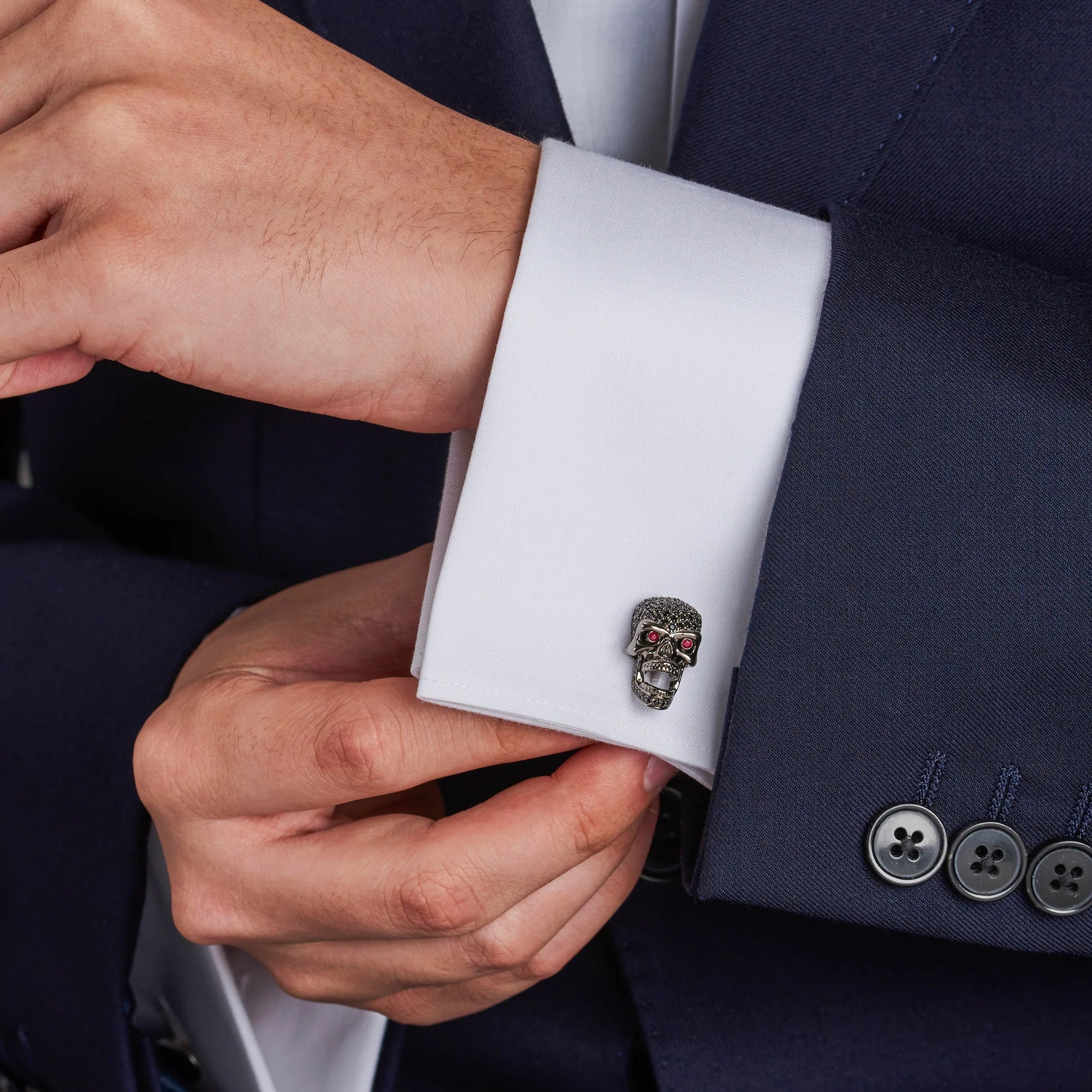 Sterling Silver Black Spinel Skull Cufflinks with Ruby Eyes - Deakin & Francis - EB London