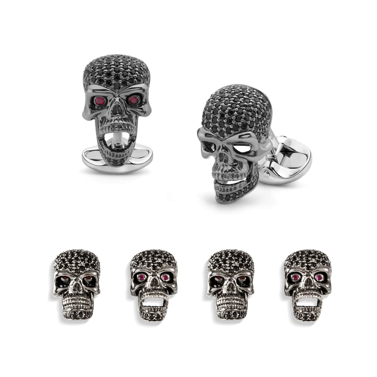 Sterling silver black spinel skull dress set with moving jaw and ruby eyes by Deakin & Francis at EB London