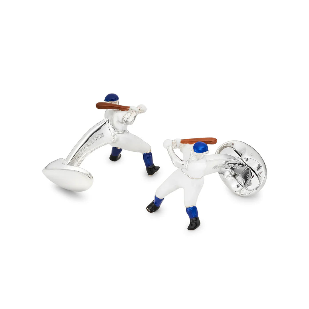 Sterling Silver Baseball Player Cufflinks with Blue Detail