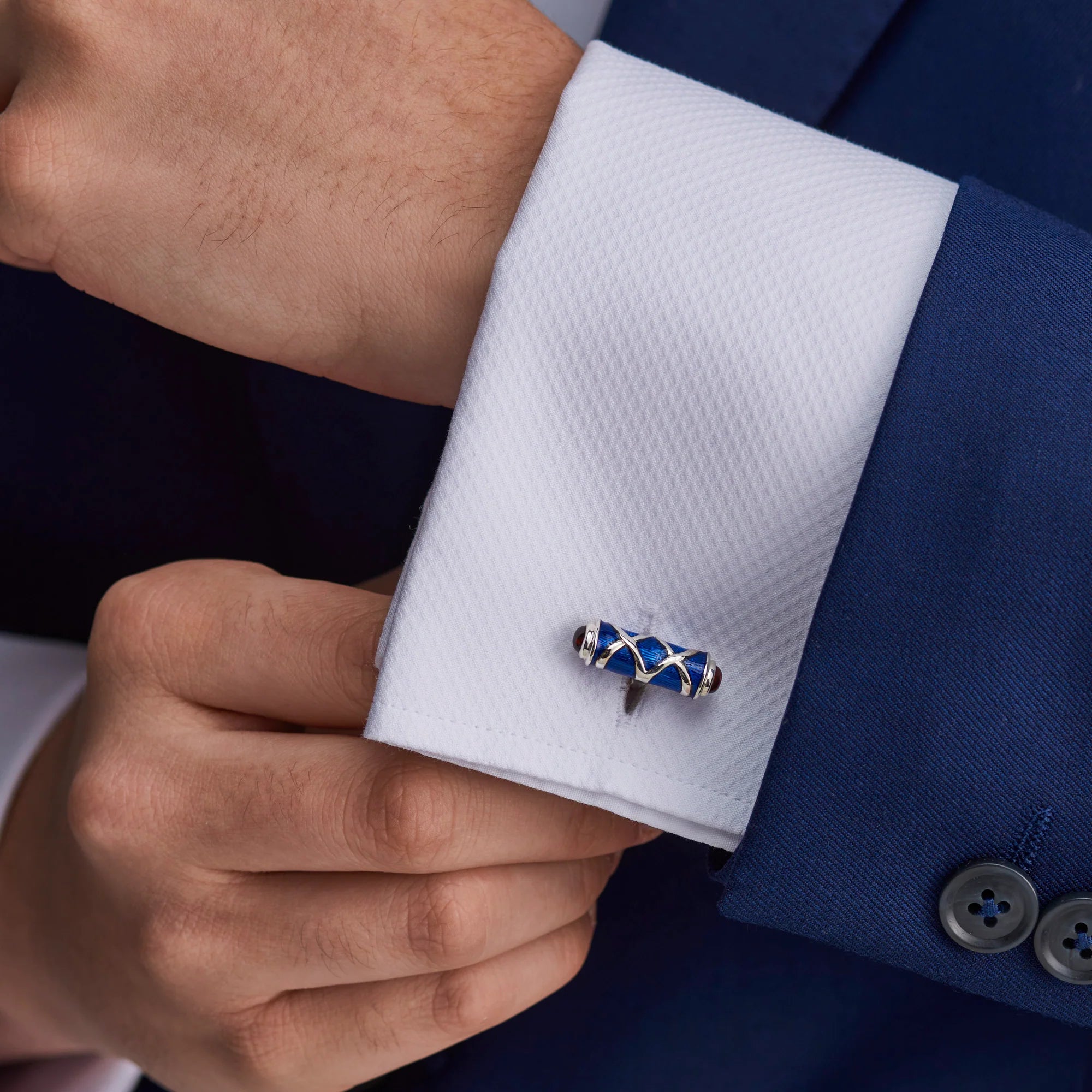 Silver Blue Cross Hatch Cufflinks with Sapphire Ends - Deakin & Francis - EB London