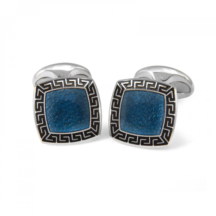 Luxury Sterling Silver Blue Enamel Cufflinks with Black Patterned Border - Deakin & Francis | EB London