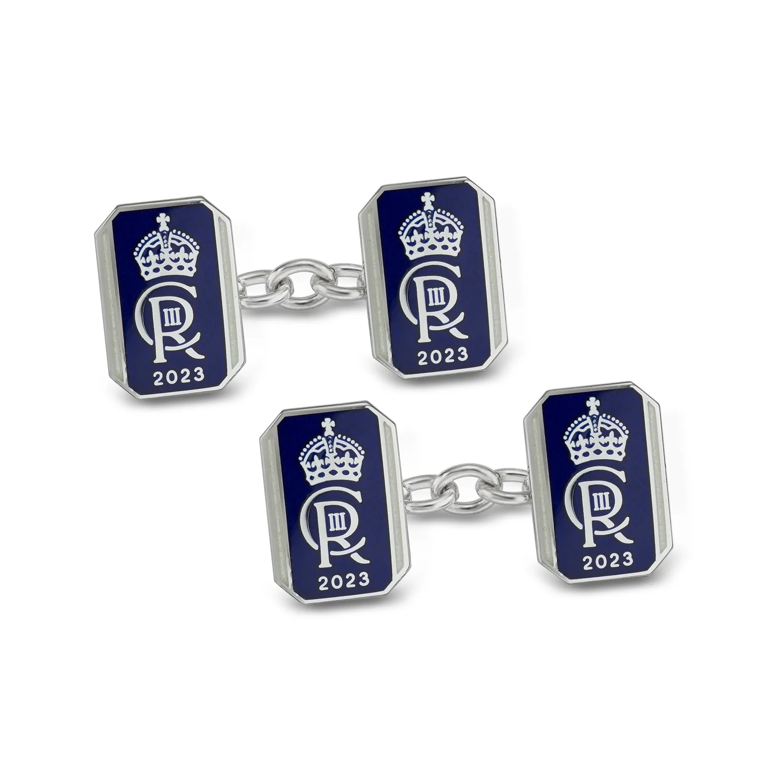 Luxury Sterling Silver Oblong Chain Link Coronation Cufflinks - Blue - Deakin & Francis | EB London