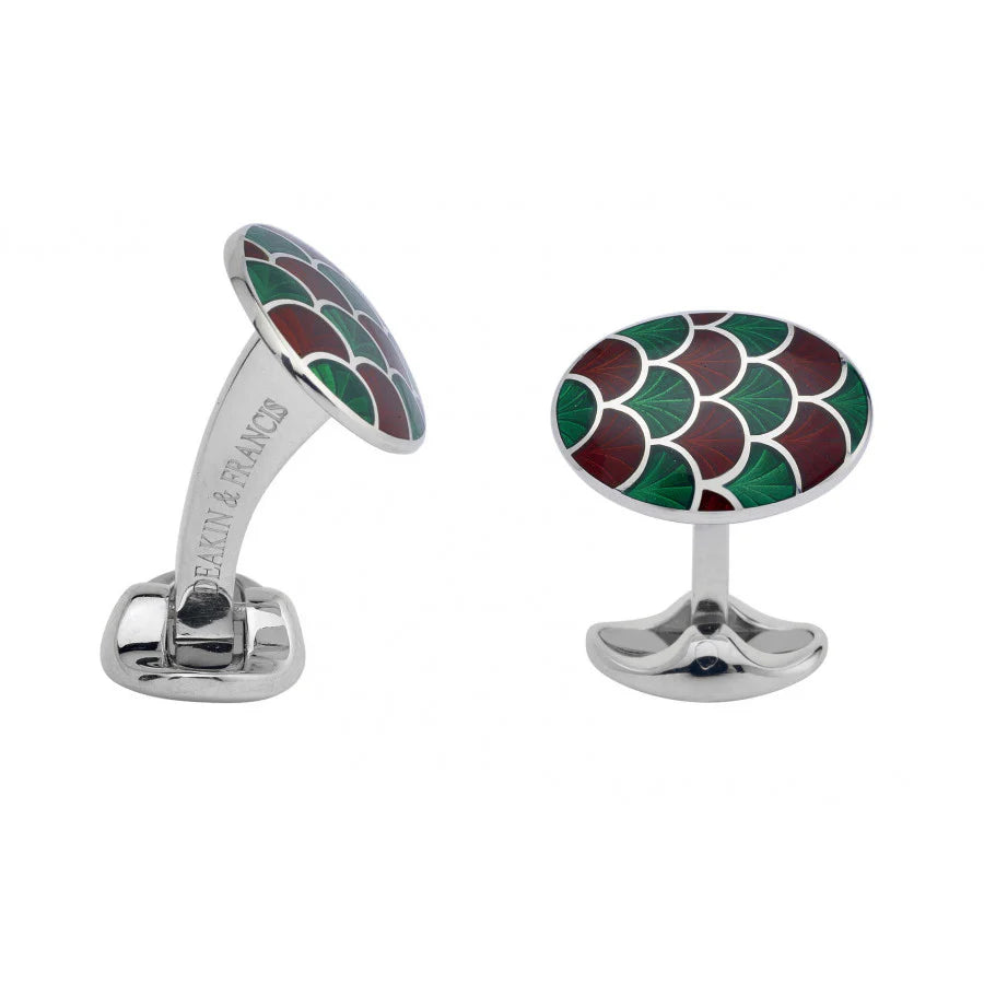 Silver Bright Green and Maroon Red Scallop Pattern Cufflinks - Deakin & Francis | EB London