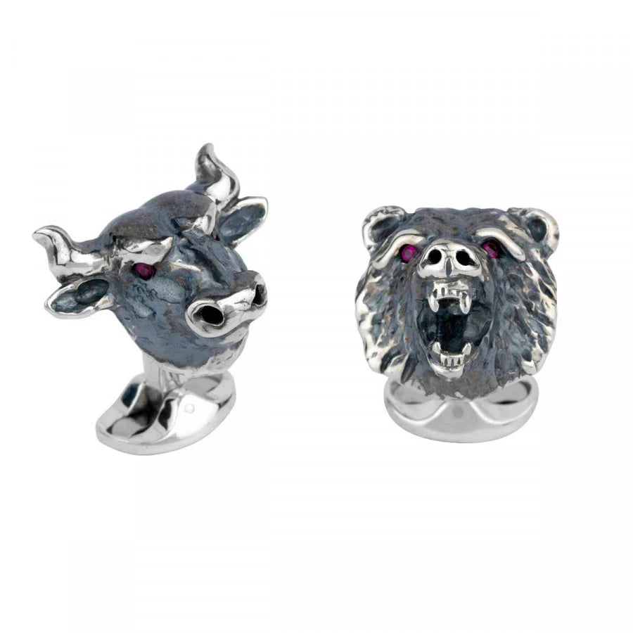 Sterling silver bull and bear dress set with ruby eyes by Deakin & Francis at EB London