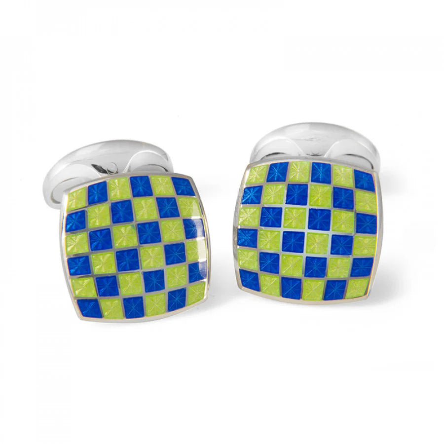 Luxury Sterling Silver Enamel Checkerboard Cufflinks in Green and Blue - Deakin & Francis | EB London

