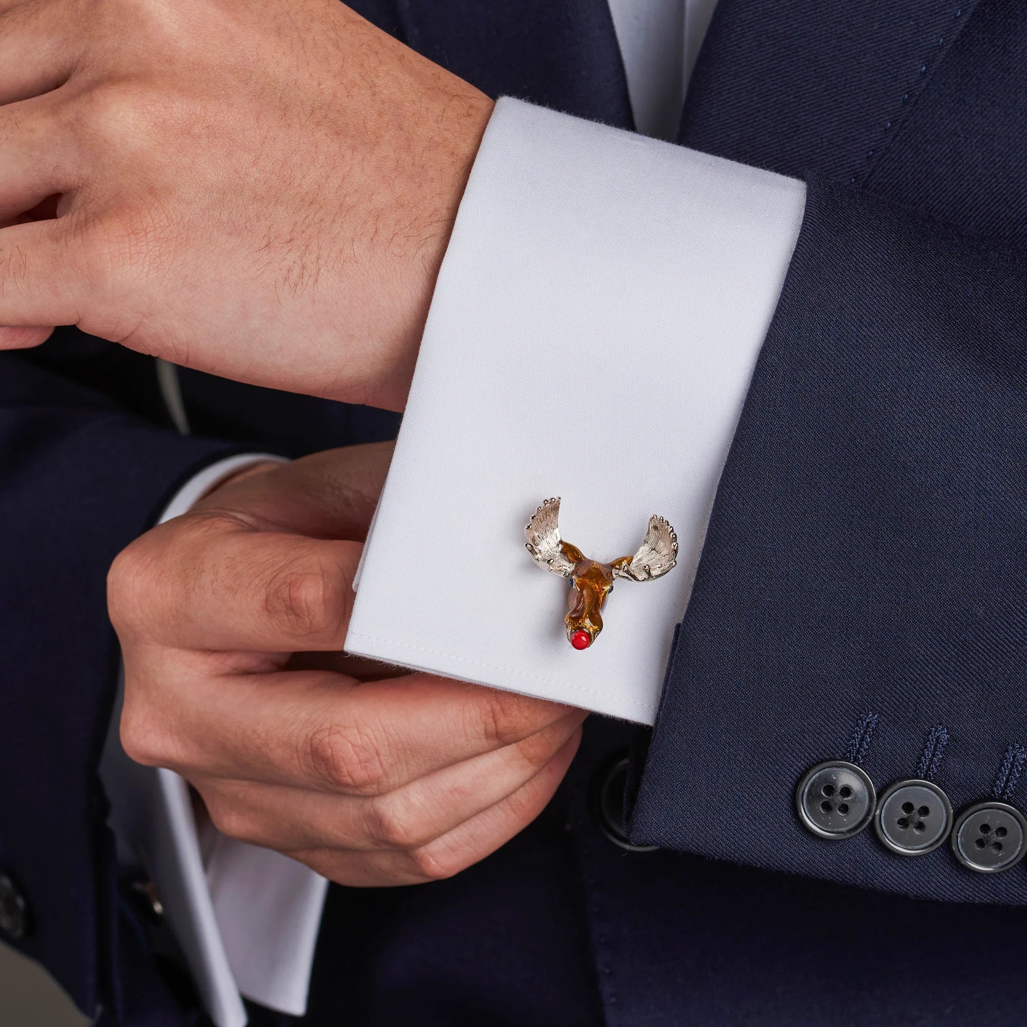 Sterling Silver Christmas Moose Cufflinks with Red Noses - Deakin & Francis | EB London

