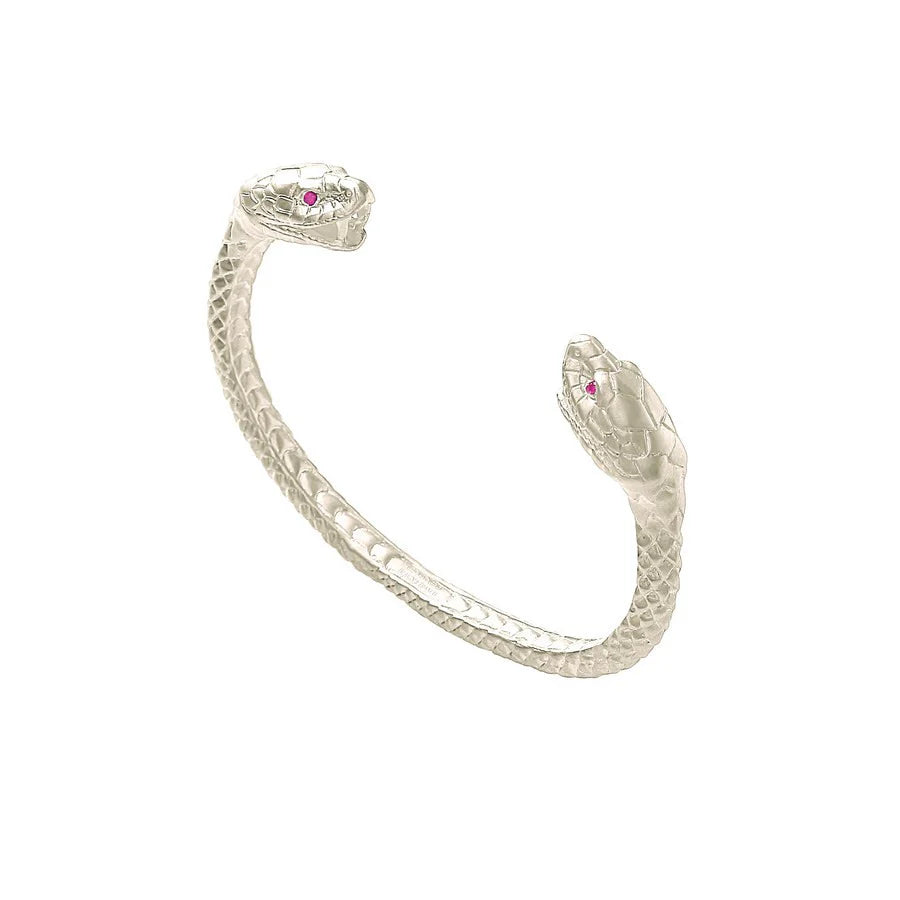 Sterling silver cobra bangle with ruby red eyes and snake skin finish by Deakin & Francis at EB London