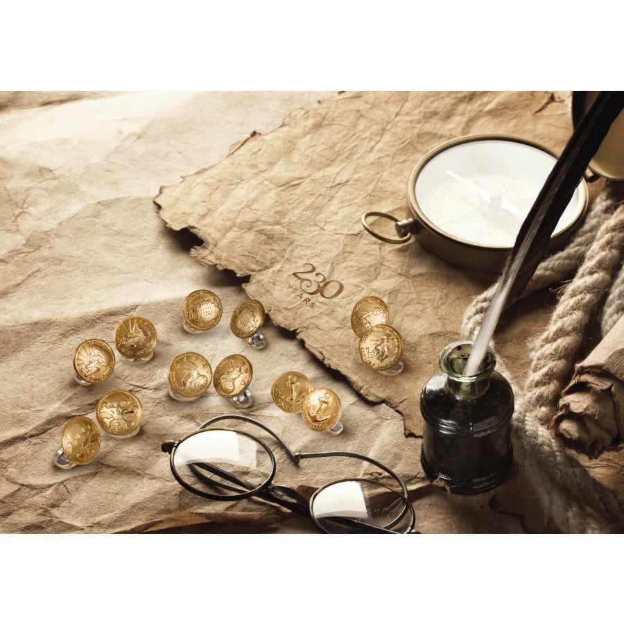 230 anniversary coin cufflinks with gold plated finish and D&F crest by Deakin & Francis at EB London

