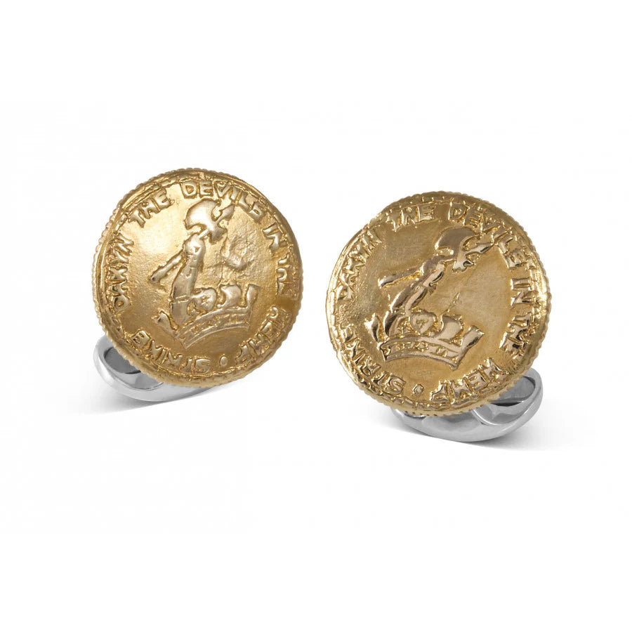Sterling silver 230 anniversary coin cufflinks with gold plated finish and D&F crest by Deakin & Francis at EB London

