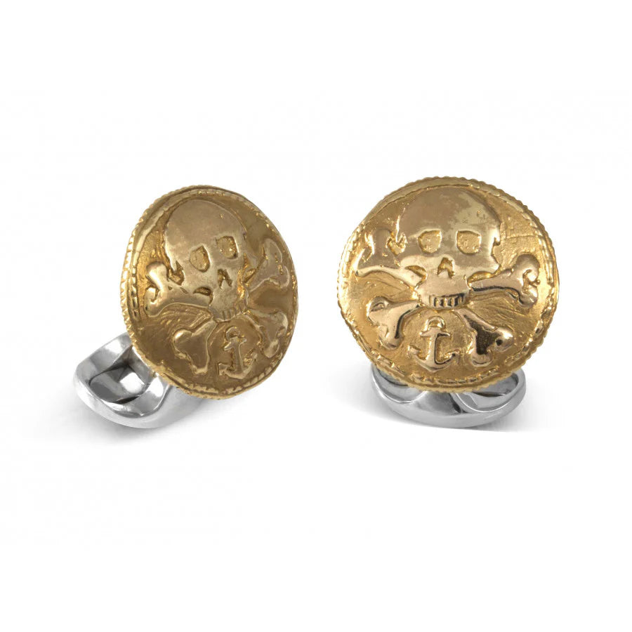 Sterling silver 230 anniversary skull and cross bones coin cufflinks with gold plated finish by Deakin & Francis at EB London


