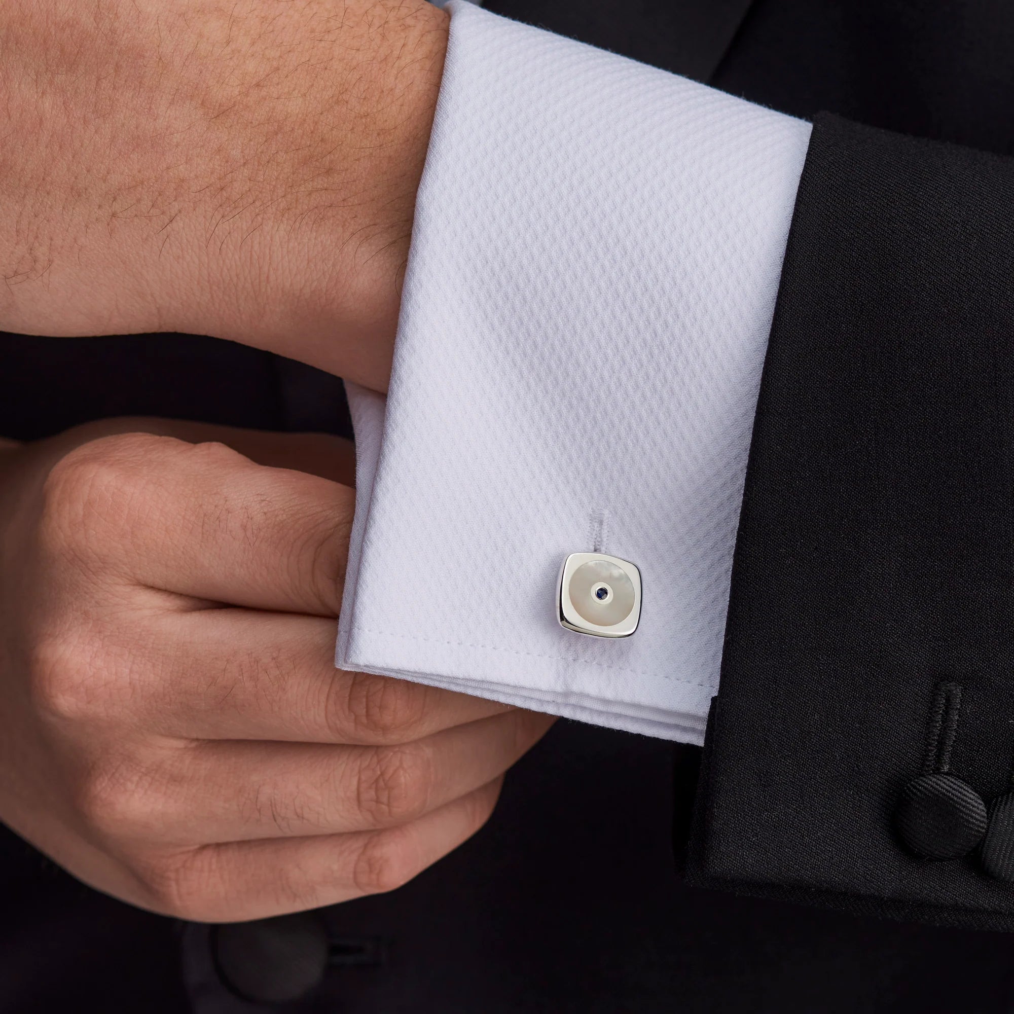 Sterling Silver Cushion Cufflinks with Mother of Pearl and Sapphire – Deakin & Francis - EB London