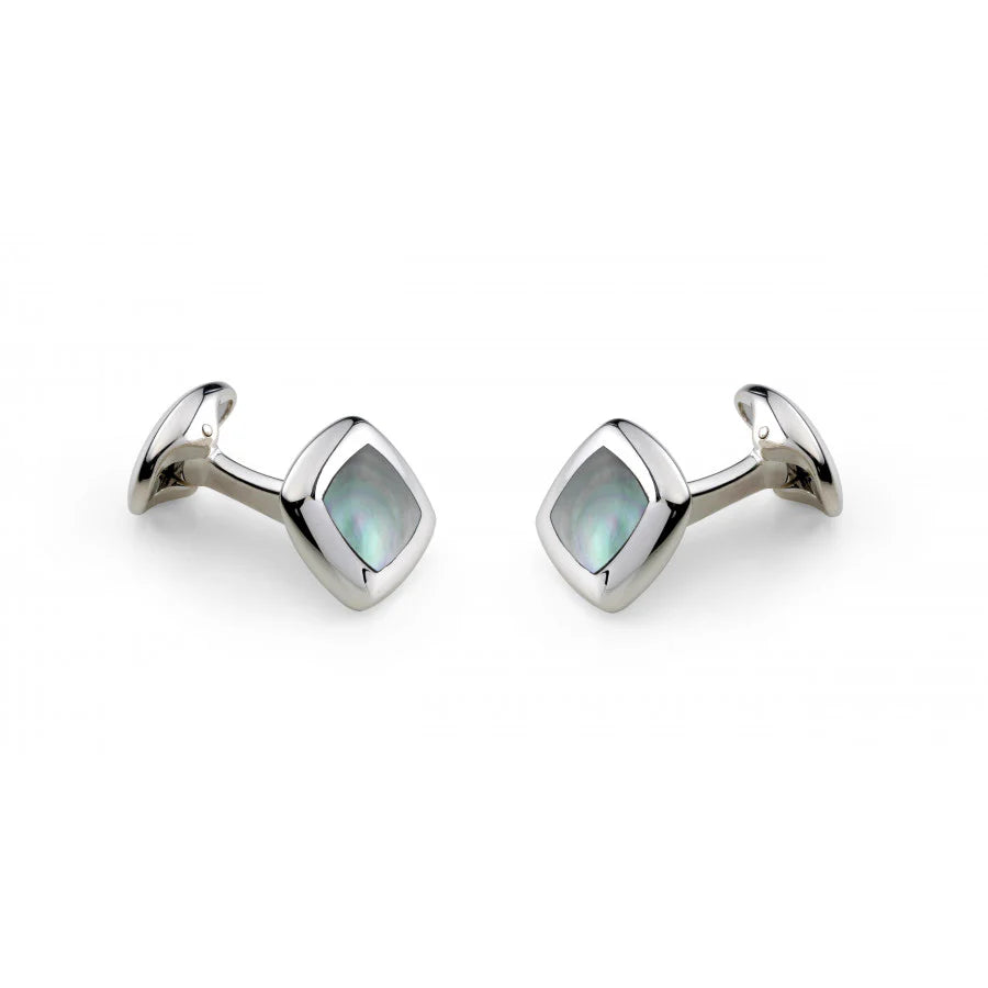 Sterling silver cushion cufflinks with grey mother-of-pearl inlay by Deakin & Francis at EB London