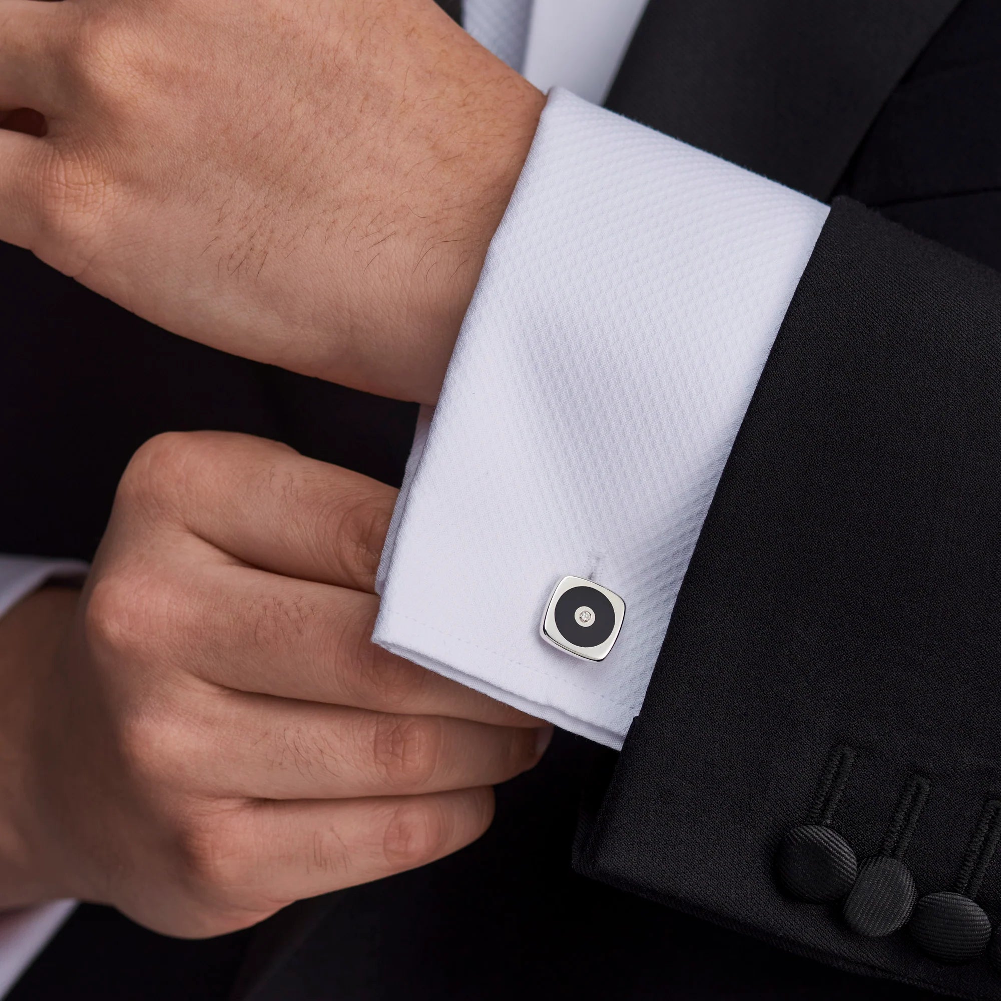Sterling Silver Cushion Shape Cufflinks with Round Onyx and Diamond Centre – Deakin & Francis