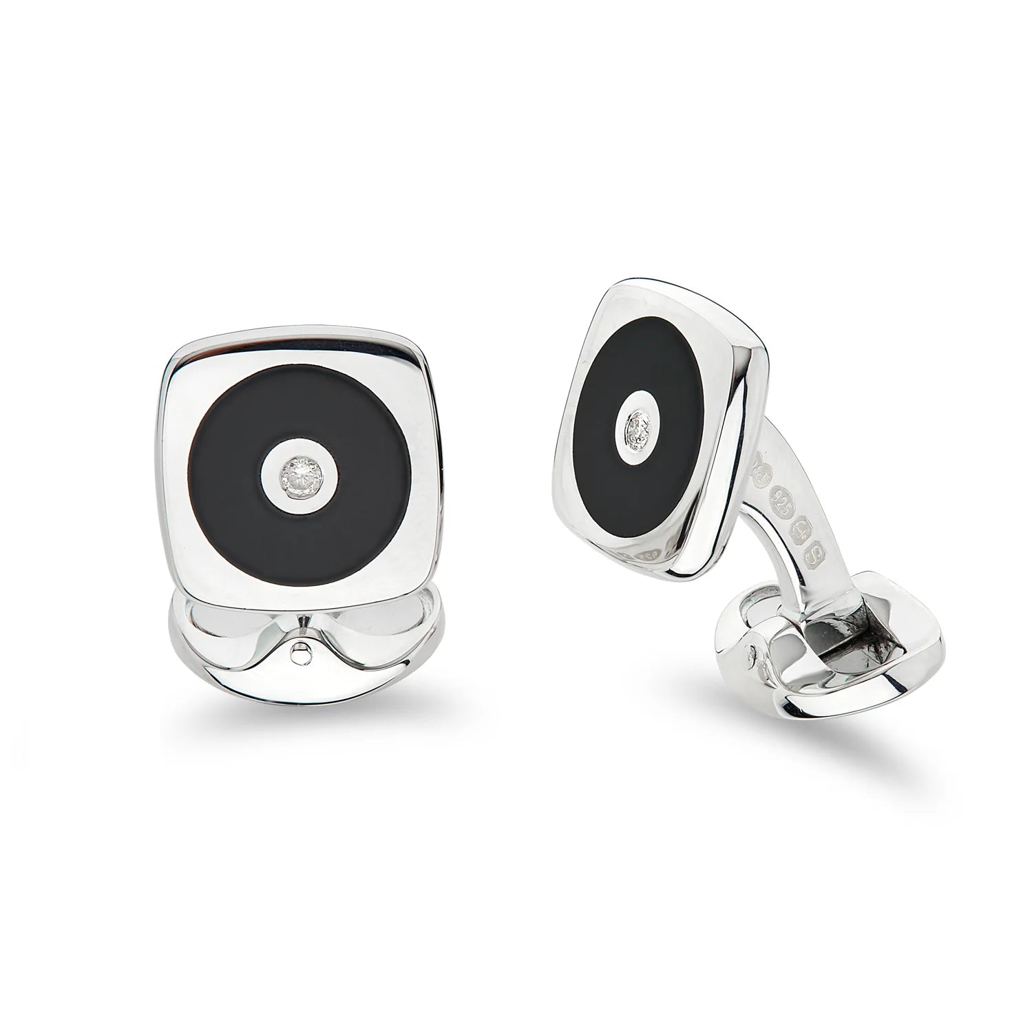 Sterling Silver Cushion Shape Cufflinks with Round Onyx and Diamond Centre – Deakin & Francis