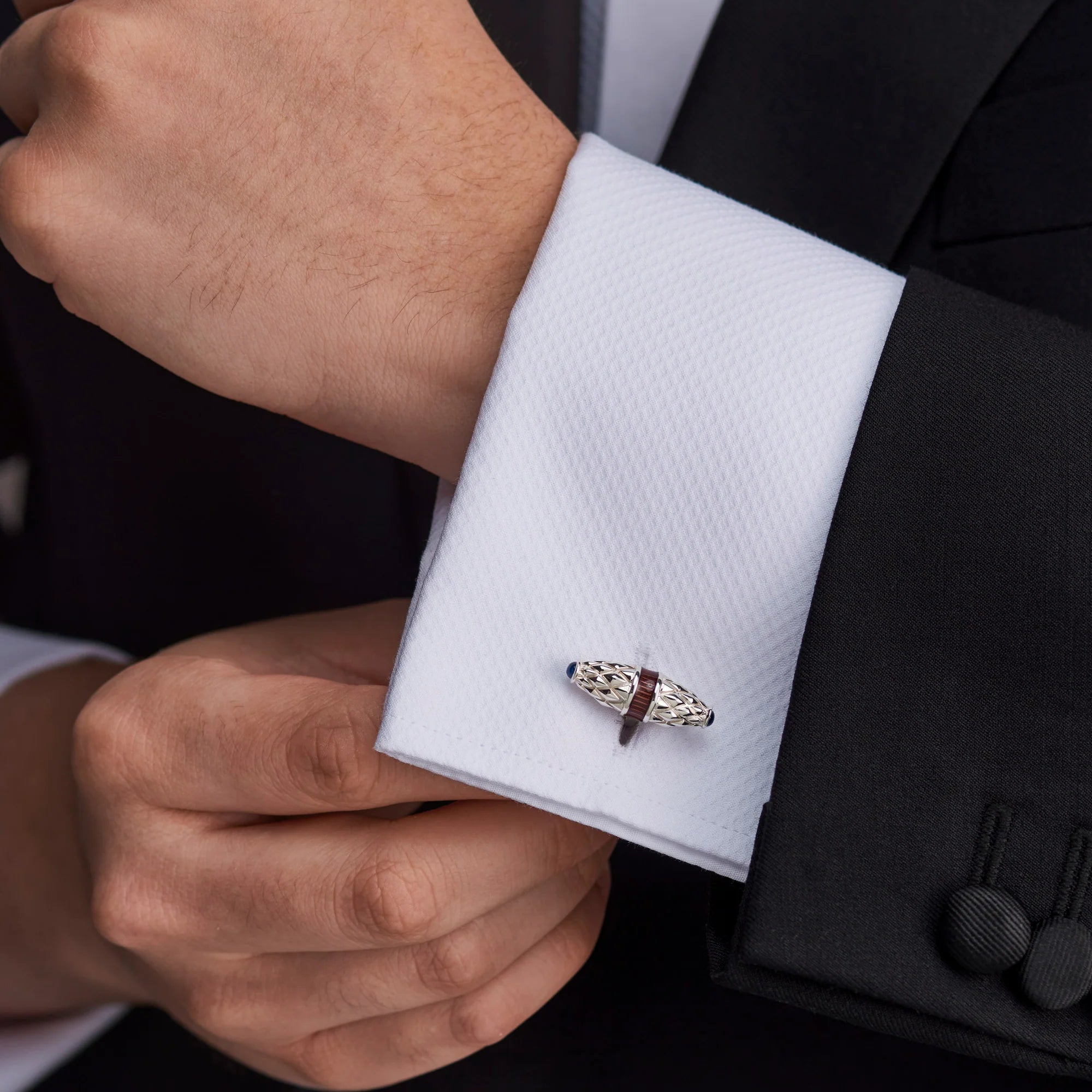 Silver Fancy Bar Cufflinks with Red Enamel & Sapphire Ends – Deakin & Francis EB London