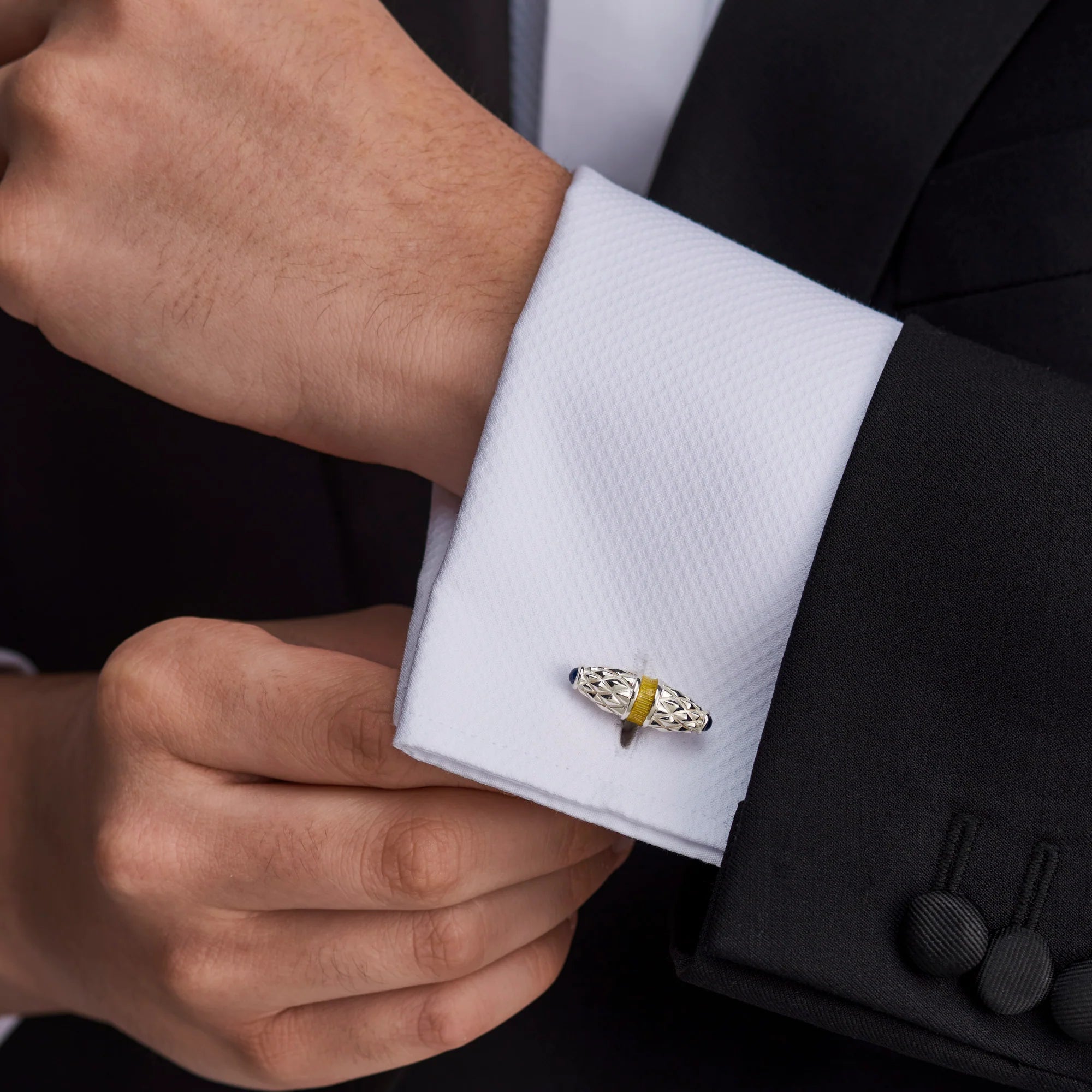 Sterling Silver Fancy Bar Cufflinks with Yellow Enamel & Sapphire Ends – Deakin & Francis - EB London