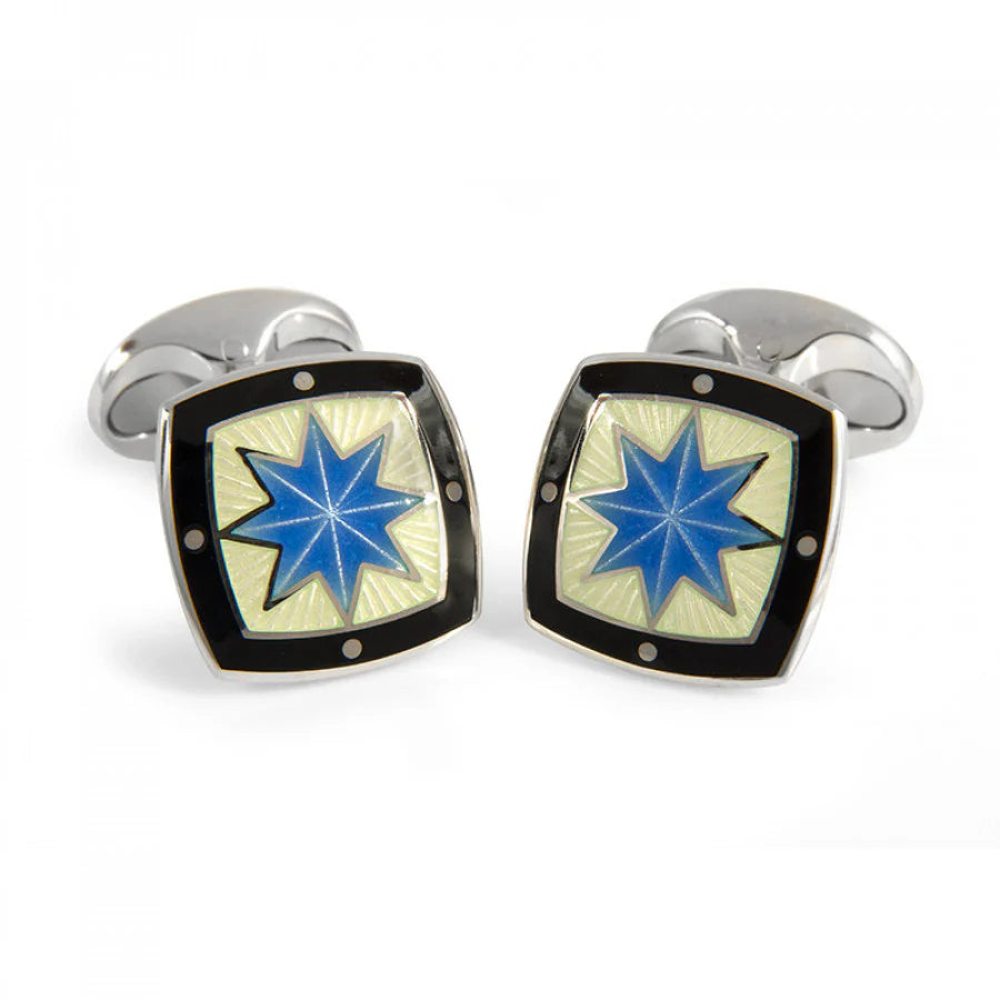 Silver Fancy Blue Star Enamel Cufflinks with Black Border - Deakin & Francis | EB London