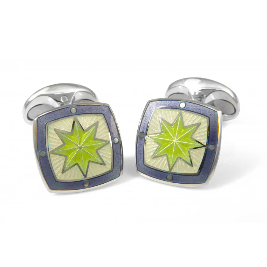 Silver Fancy Green Star Enamel Cufflinks with Purple Border - Deakin & Francis | EB London