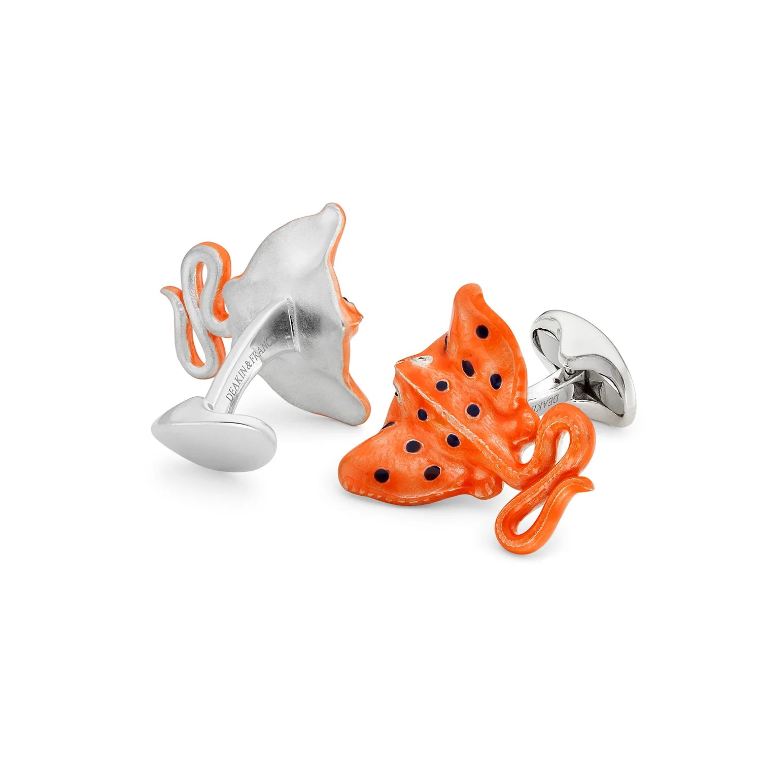 Pair of orange and silver cufflinks on a white background - EB London