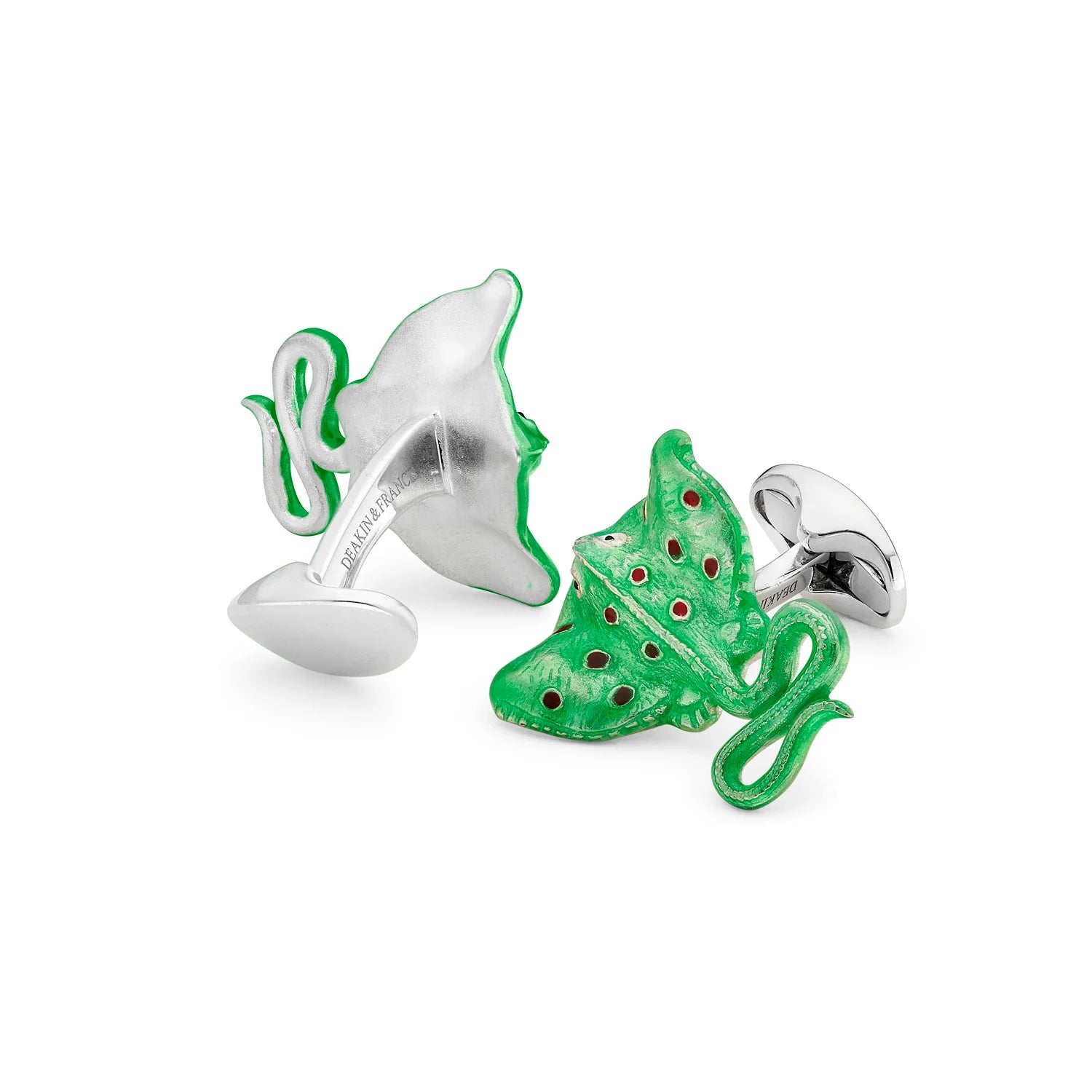 Green and silver cufflinks on a white background - EB London