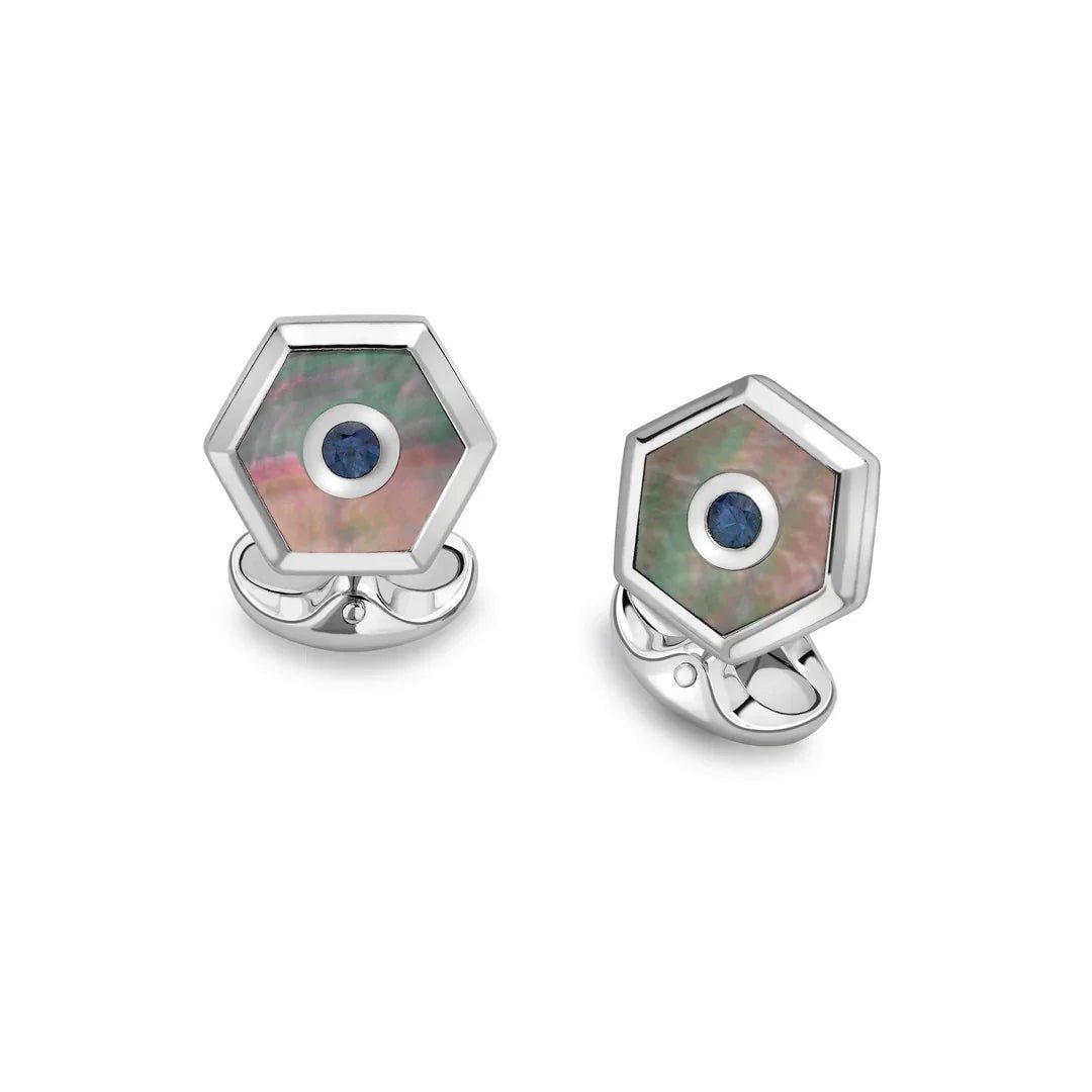 Sterling Silver Hexagonal Grey Mother - of - Pearl and Sapphire Dress Set – Deakin & Francis - EB London