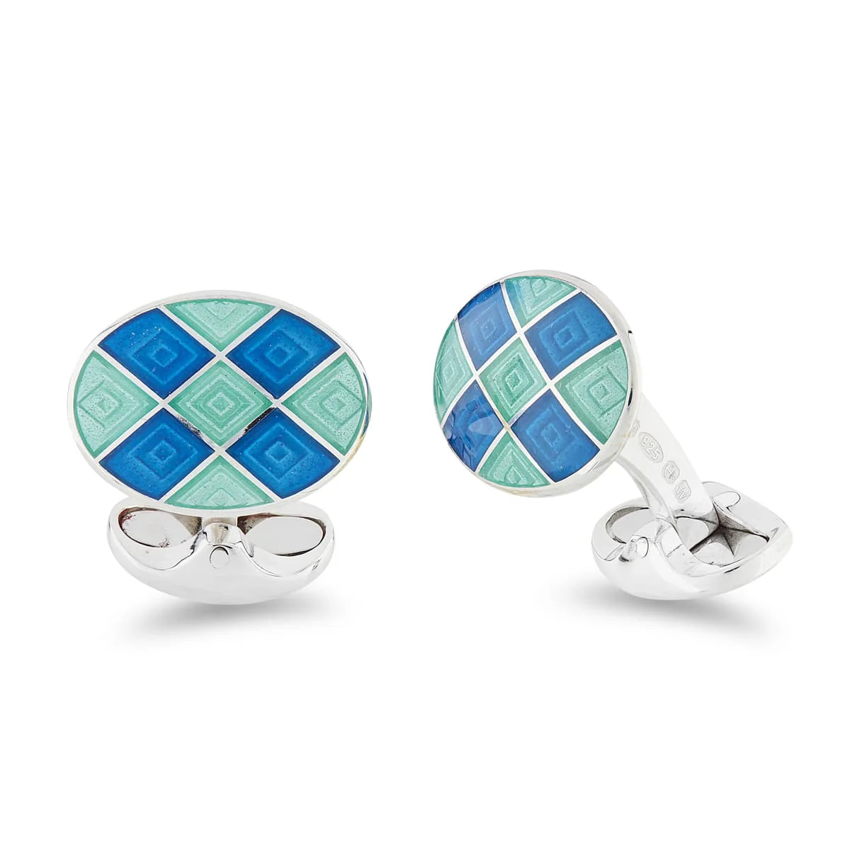 Silver Light Blue and Turquoise Enamel Chequer Pattern Cufflinks - Deakin & Francis | EB London