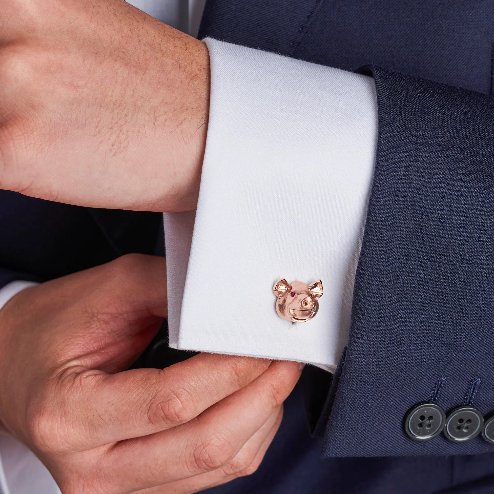 Sterling Silver Movable Pig Head Cufflinks with Ruby Eyes – Deakin & Francis - EB London