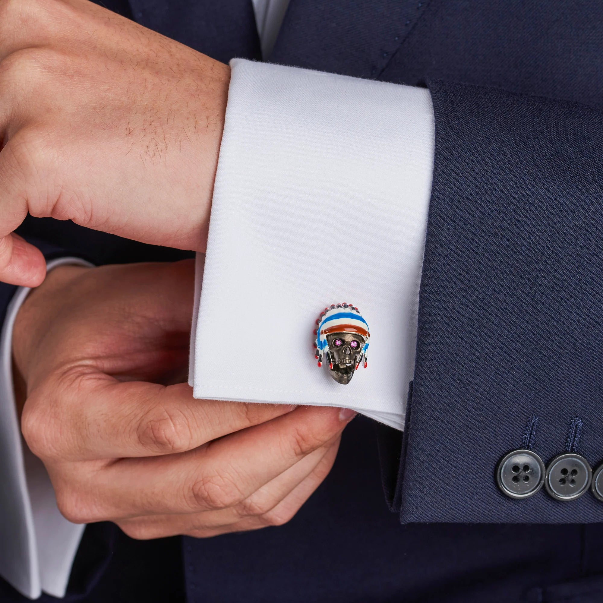 Silver Native American Skull Cufflinks with Ruby Eyes – Deakin & Francis - EB London