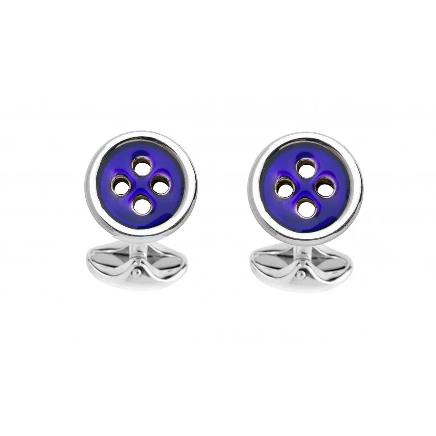 Sterling silver navy blue vitreous enamel button cufflinks with spring link fittings by Deakin & Francis at EB London