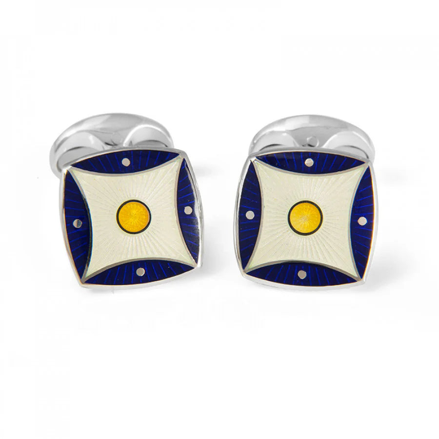 Silver Navy Blue and Yellow Pattern Enamel Cufflinks - Deakin & Francis | EB London