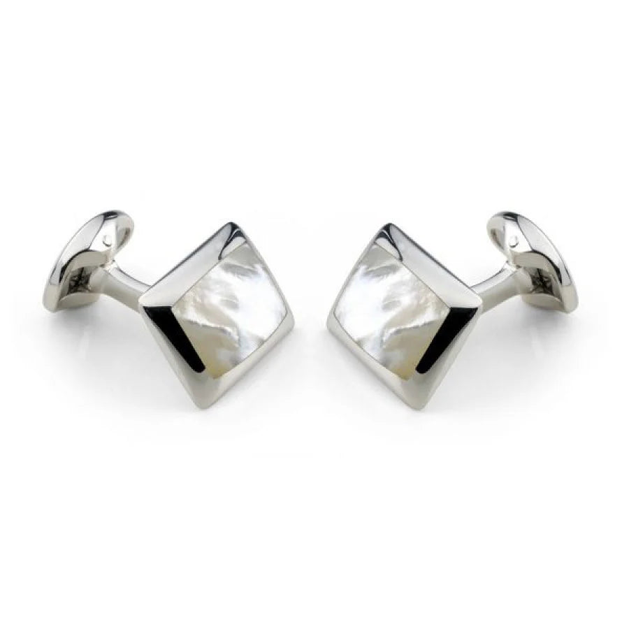Sterling silver oblong cufflinks with white mother-of-pearl inlay by Deakin & Francis at EB London